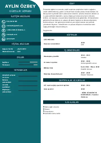 Güzellik Uzmanı Cv Örnekleri  cv indir